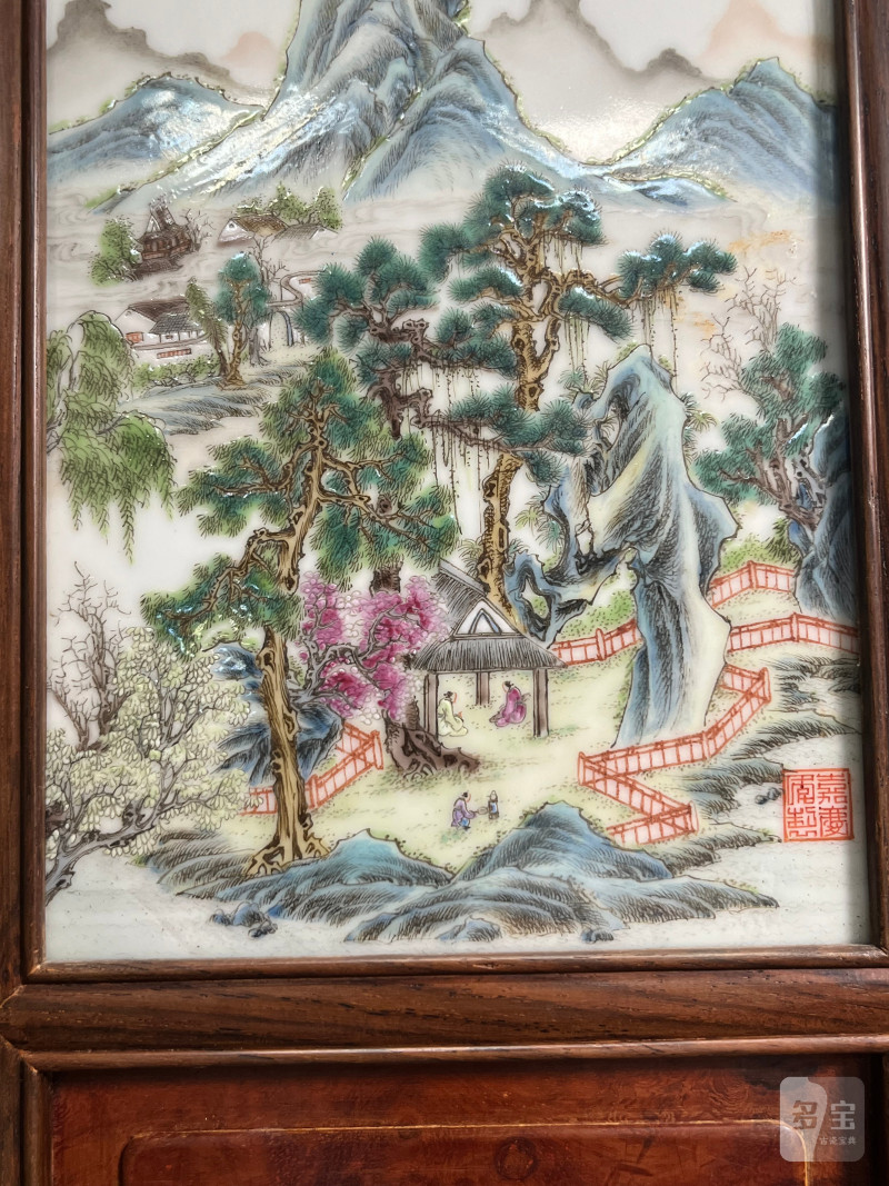 民国  粉彩山水人物图砚屏（一组四件） - 图16